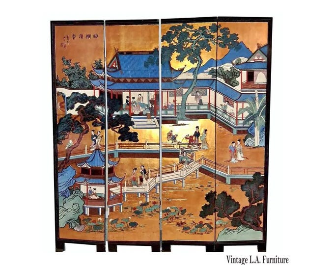 Vintage Oriental Asian Palace City Coromandel Chinoiserie Gold Four Panel Screen
