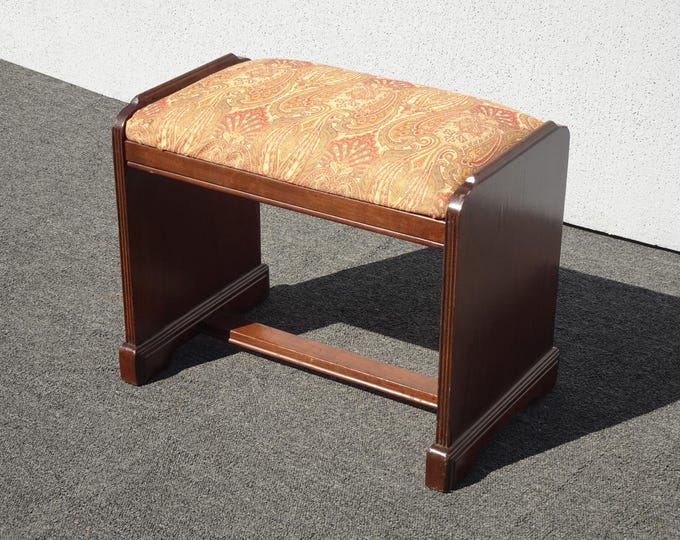 Vintage French Country Brown Solid Wood Bench w Damask Style Fabric