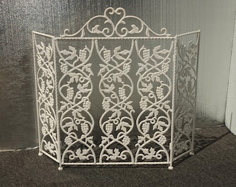Vintage cast iron White chic shabby Three Panel Fireplace Screen