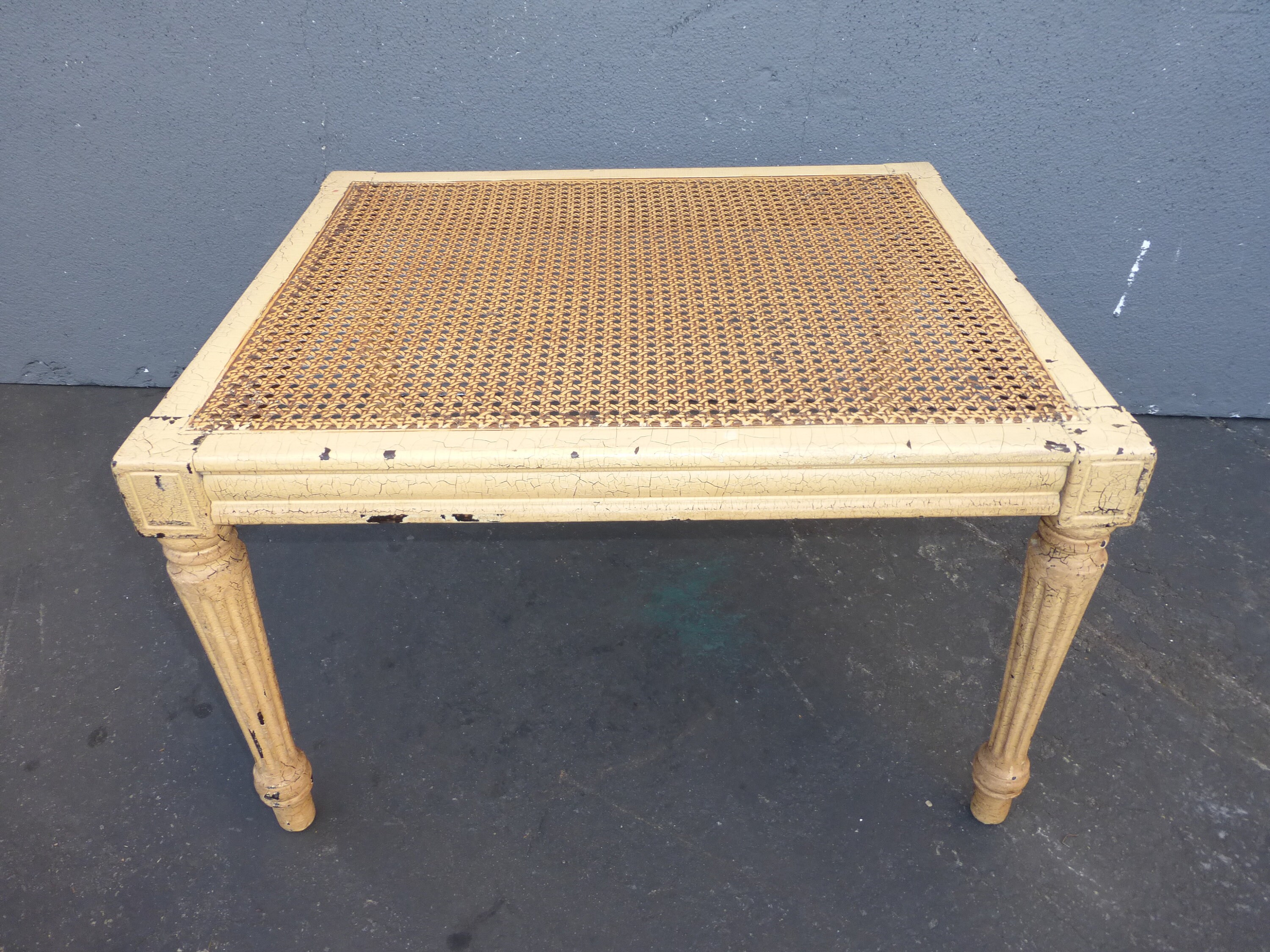Vintage French Provincial Cane Top Distressed Crackle Finish End Table