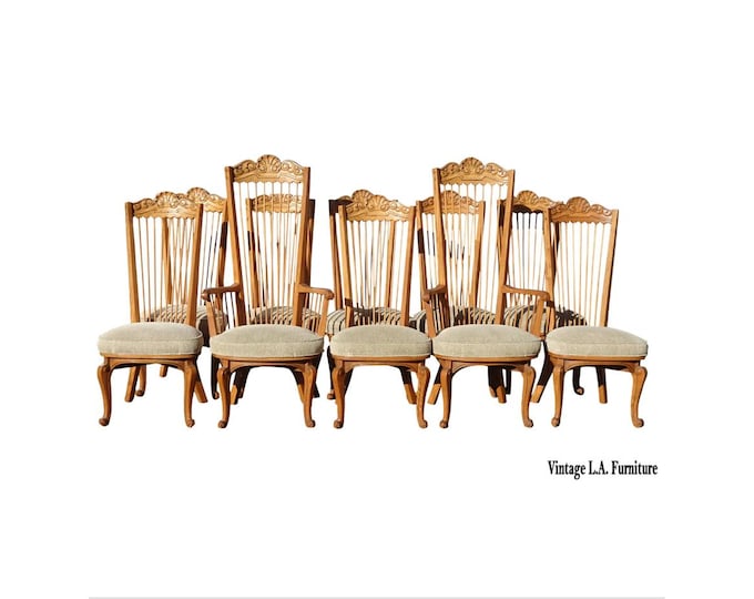 Set of 8 Vintage Mid Century Enkeboll La Condesa Oak Highback Spindle Chairs