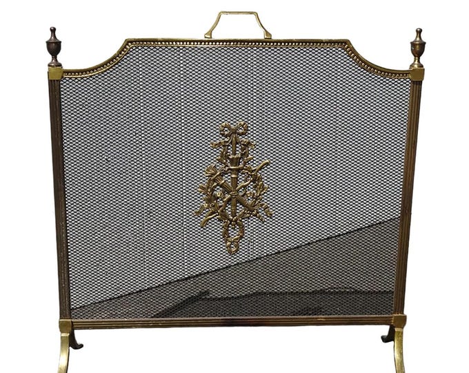 Vintage French Louis XVI Style Brass Fireplace Screen Maison Jansen Style