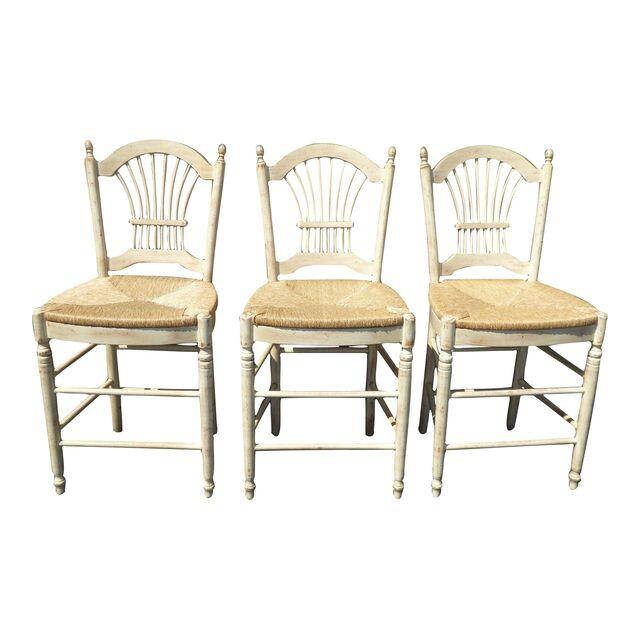 Set of Three French Country Rye Seat Barstools Off White with Wheat