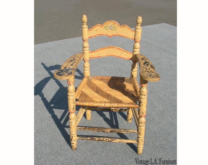 Vintage French Country Distressed Crackle Rush Seat Chair Farmhouse Chic Shabby