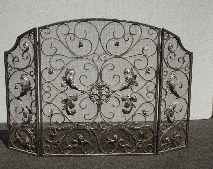 Vintage French Country Silver Ornate Three Panel Fireplace Screen