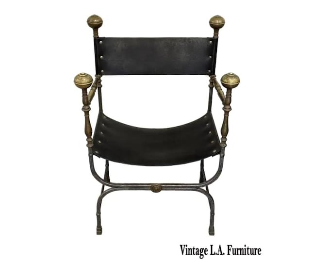 Vintage Curule Savonarola Black Leather Iron Accent Chair w Brass Finials