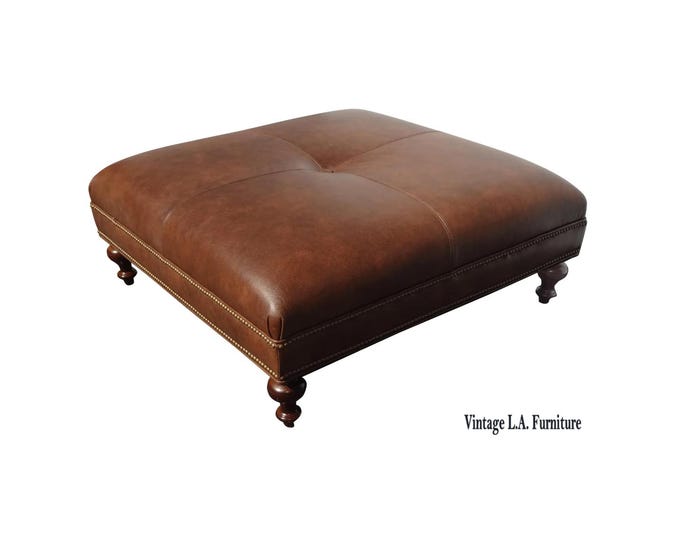 Vintage Tommy Bahama Style Brown Tufted Leather Ottoman Coffee Table