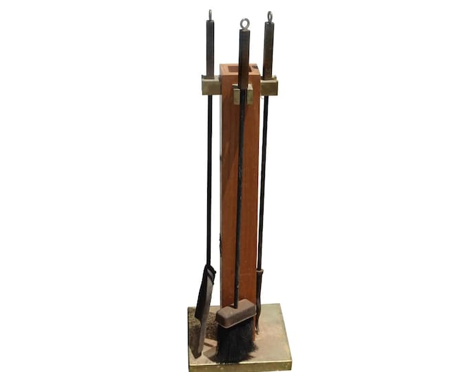 Vintage French Country Set of Three Fireplace Tools w Wood Stand