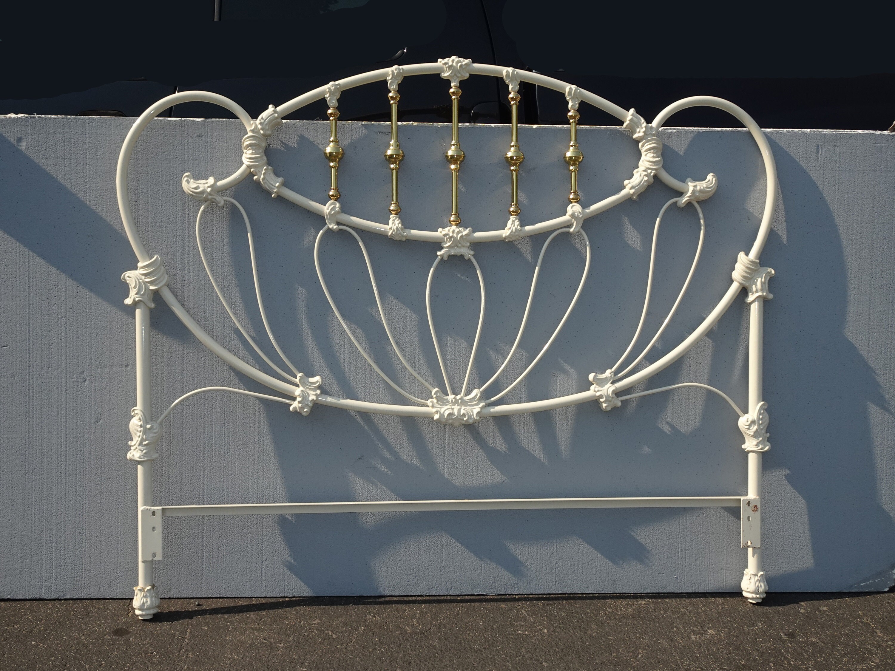 Vintage French Country Iron & Metal White Queen Bed Frame Headboad