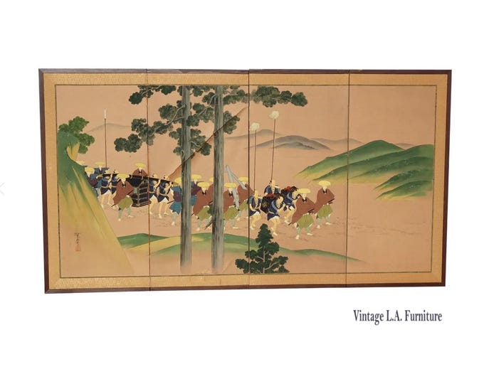 Vintage Japanese Byobu Four Panel Folding Screen Picture Caravan of Men Signed