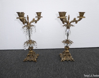 Pair of French Provincial Candalabras Candle Holders w Crystals