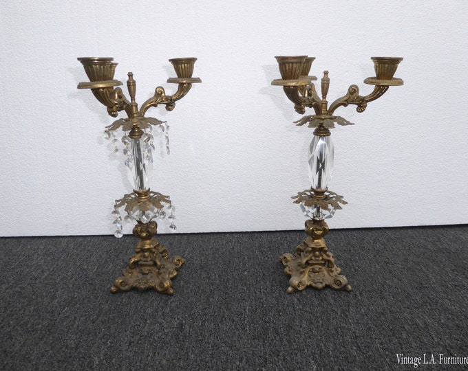 Pair of French Provincial Candalabras Candle Holders w Crystals