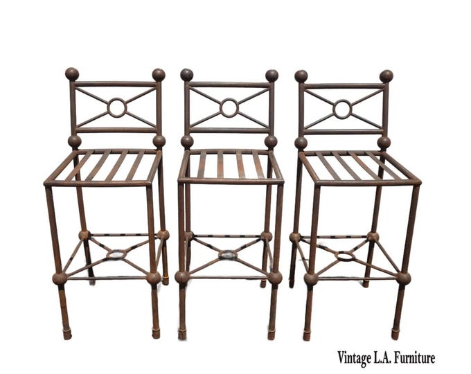 Set Three Vintage Rustic Spanish Style Iron Barstools Crackle Finish No Cushions