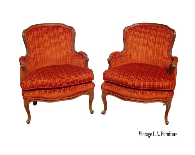 Pair of French Louis XV Red Orangish Bergere Side Chairs w Down Cushions