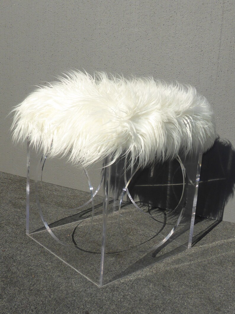 Unique Contemporary Style White Faux Mangolian Fur and Lucite Stool  Foot Ottoman