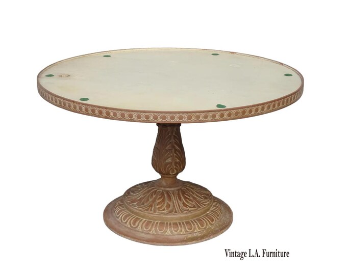 Vintage French Provincial Round Wood Ornately Carved Pedestal Coffee Table Asis