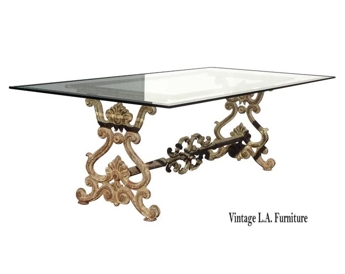 Large Vintage Spanish Style Rustic Cast Iron Bevel Glass Cocktail Coffee Table