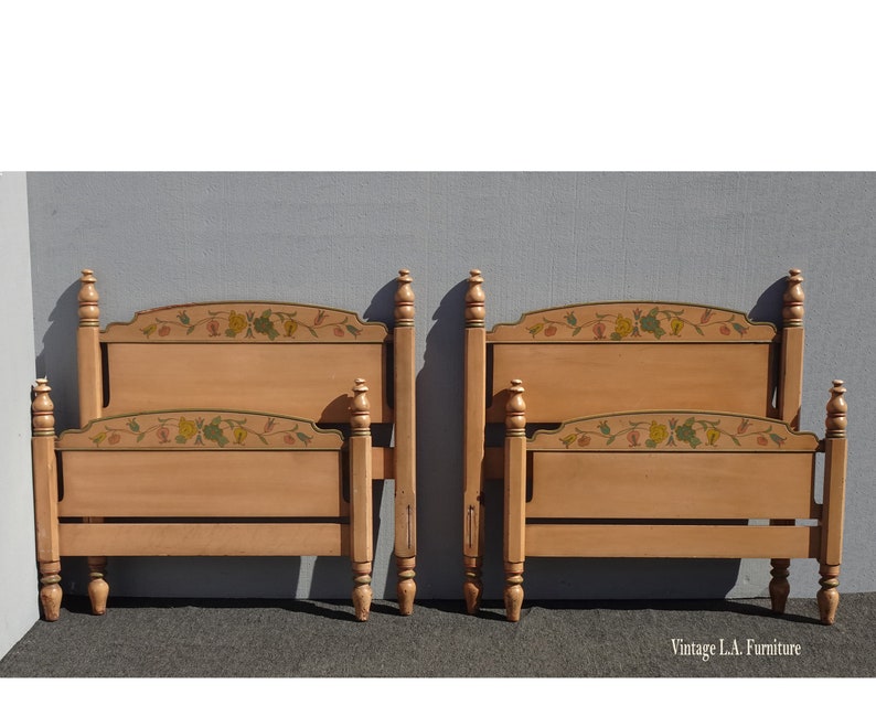 Pair of French Country Hand Painted Bed Frames Twin Headboards W Side