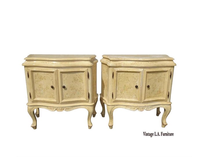 Pair of Vintage French Country Provincial Hand Painted Gold Nightstands Signed
