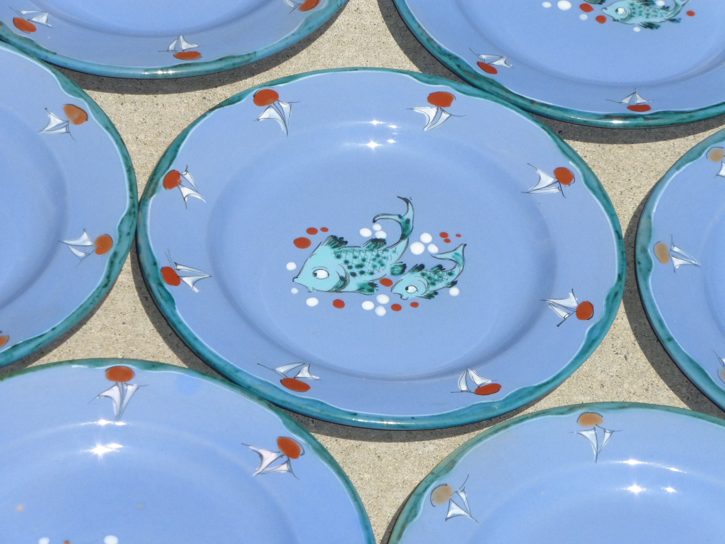 Vintage Set of Twelve Hand Painted Fish Dinnerware Plates Made in Italy