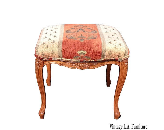 Vintage Bench French Country w Orange Floral Stripped Fabric Footstool Ottoman