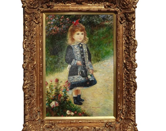 Large 50"H Vtg French Giclee Gold Ornate Picture Painting A Girl w Watering Can