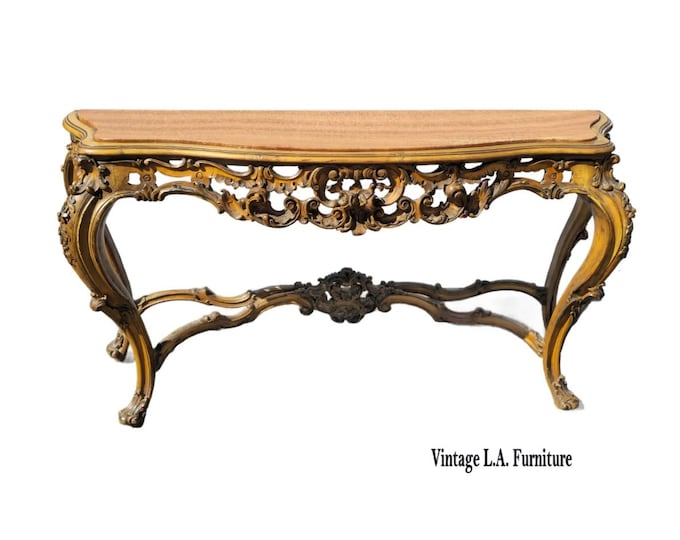 Antique French Rococo Louis XV Ornate Carved Gold Console Table Marble Top