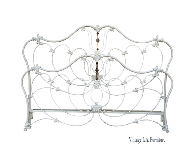 Vintage Elliott's Designs White Cast Iron Brass Queen King Headboard Footboard