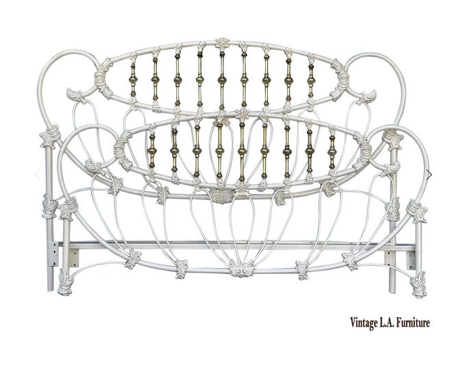 Vintage Elliotts Design White Enameled King Headboard & Footboard Bed No Rails