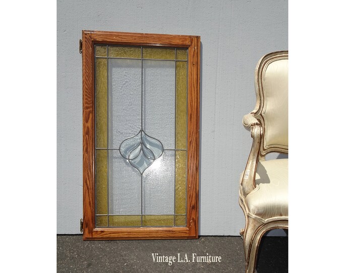 Vintage Stained Glass Door Window with Oak Frame & Clear Floral Center