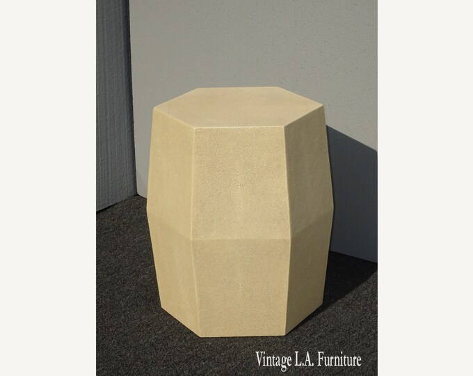 Vintage French Country Off White Faux Leather Shagreen Hex Stool ~Side End Table