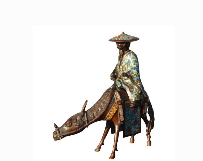Vintage Asian Bronze Cloisonne Man on a mule Statue Figuerine