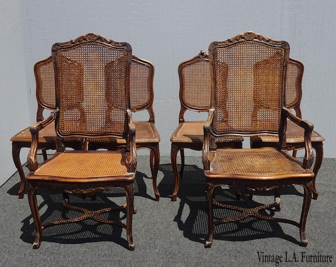 Set Six Spanish & French Style Cane Dining Throne Chairs SCs w Embossed Leather