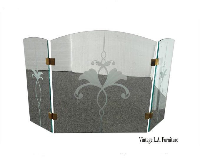 Vtg Mid Century 1980's Three Panel Etched Glass Floral Fireplace Screen w Brass