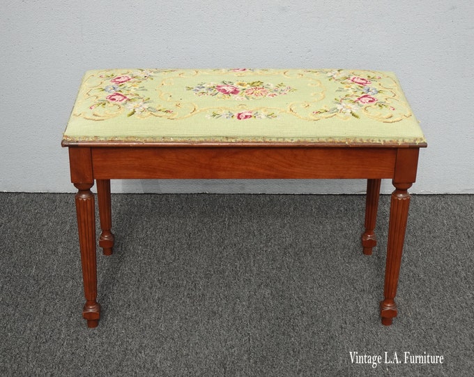 Vintage French Needlepoint Tapestry Bench Stool ~ Green Floral Stitch