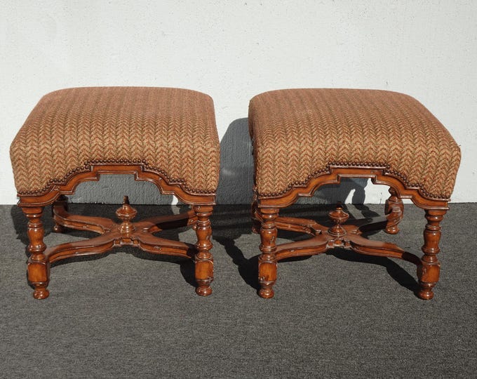 Pair Vintage Marge Carson French Country Styl Brown Ottomans w Decorative Nails