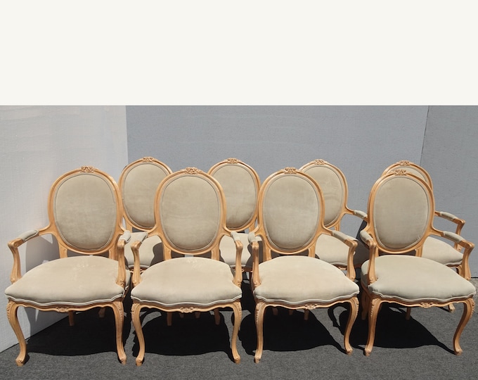 Set of Eight Vintage French Country Suede Bergere Side Chairs