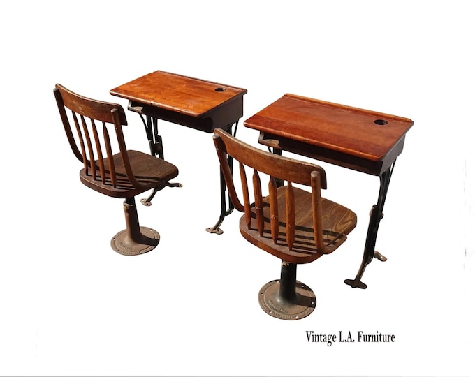 Set of Two Antique Class Room Desks and Chairs ~ Iron Child Sized