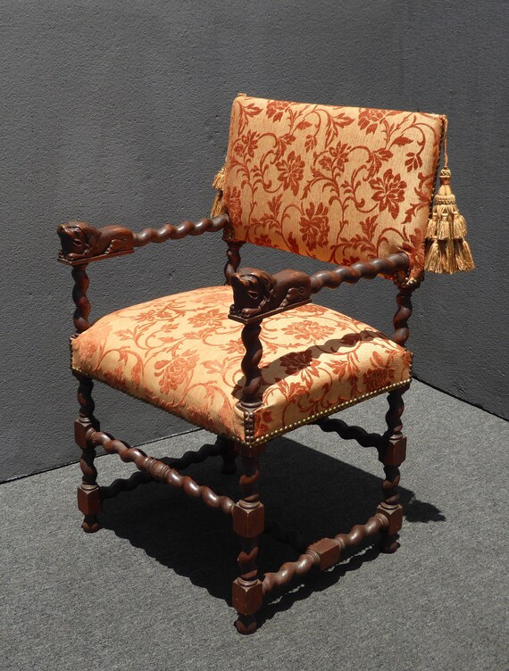 Antique 19th Century French Lion Heads Barley Twist Accent Chair W