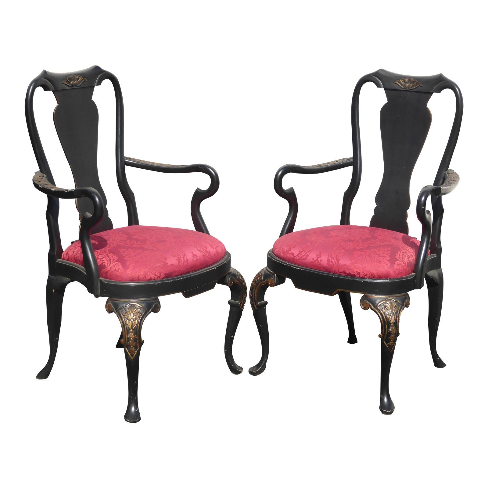 Pair of Vintage Black & Red Ornate Queen Anne Accent Arm Chairs
