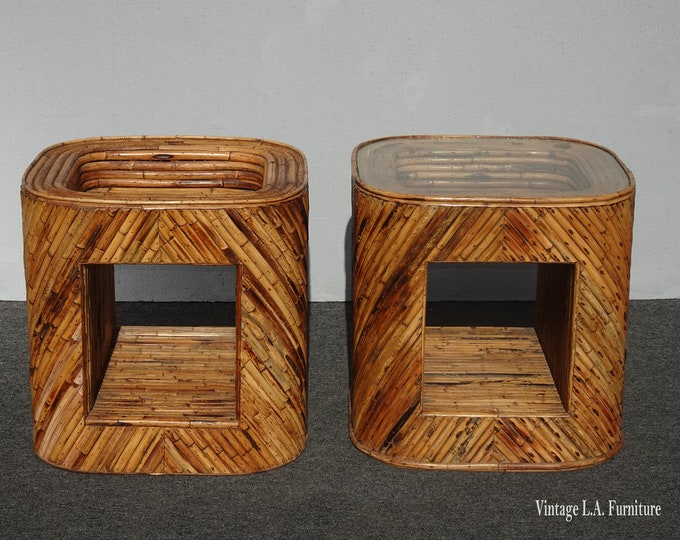 Pair of Vintage Mid Century Bamboo Split Reed End Tables ~ Nightstands 2 Tier