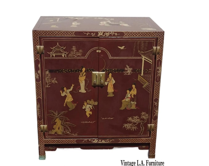 Vintage Chinese Asian Burgundy Lacquer Floral Chinoiserie Cabinet ~ Side Table