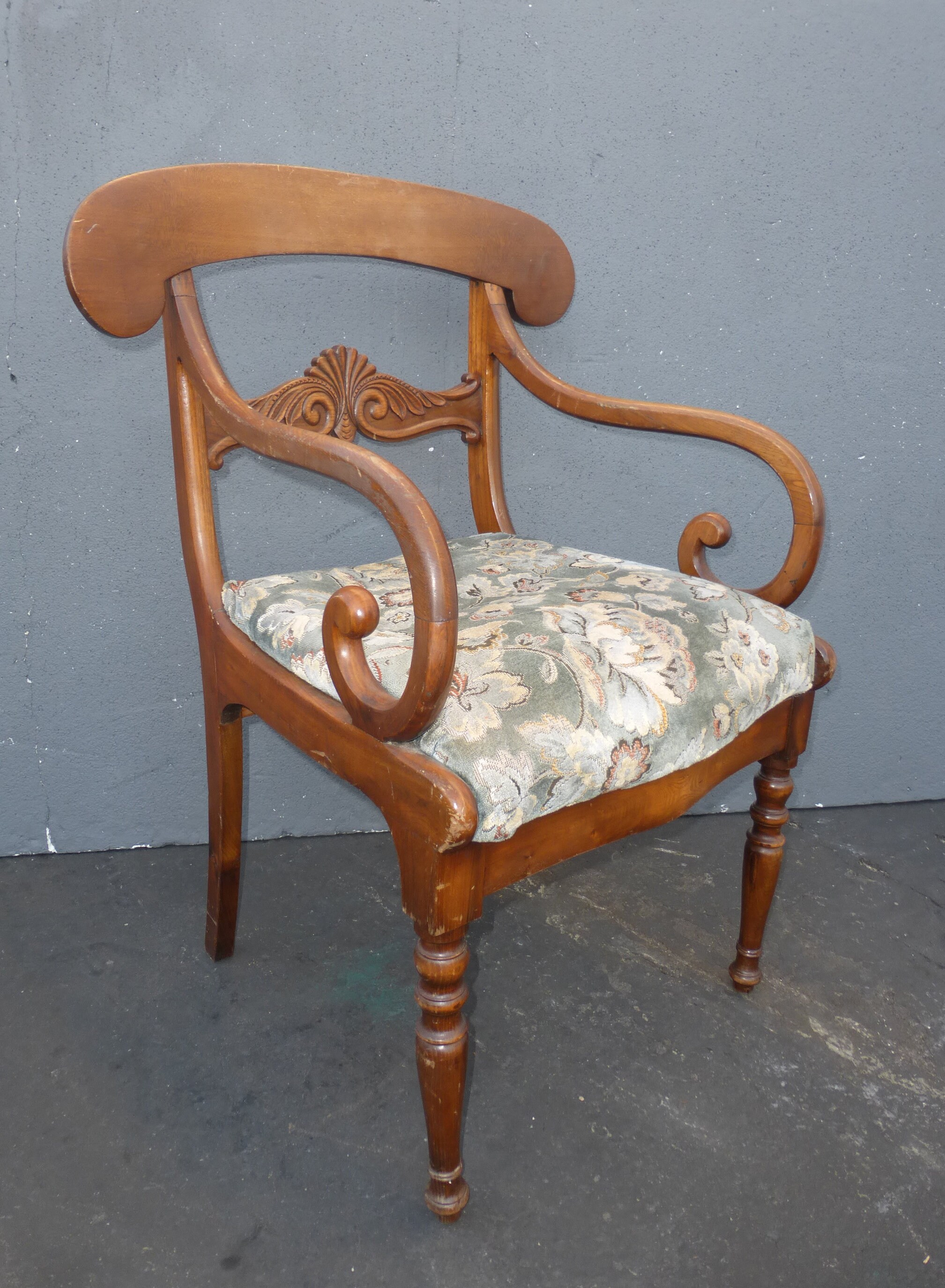 Vintage French Country Carved Wood Accent Chair Unique Scrolled Hand rests