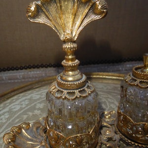 Vintage Ornate Ormolu Gold Filigree Perfume Tray w 3 Glass Perfume Bottles image 8