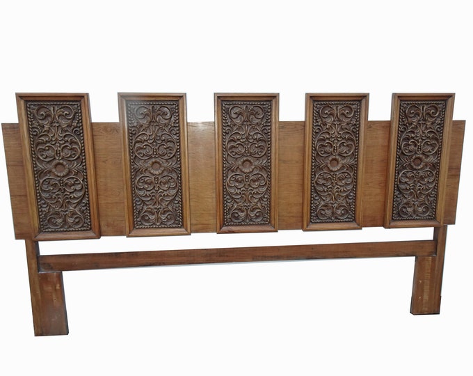 Vintage Mid Century Modern Drexel King Spanish Style Headboard w Five Carved Panels