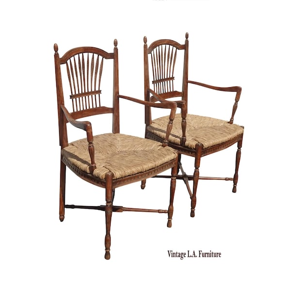 Pair of Vintage Rustic French Country Rush Seat Wheat Sheaf Arm Chairs ~ Dark #3