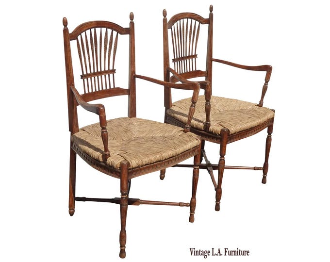 Pair of Vintage Rustic French Country Rush Seat Wheat Sheaf Arm Chairs ~ Dark #3