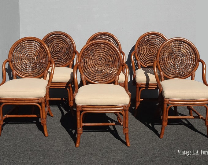 Six Vintage McGuire Style Brown Bamboo Rattan Round Back Chairs Leather Straps