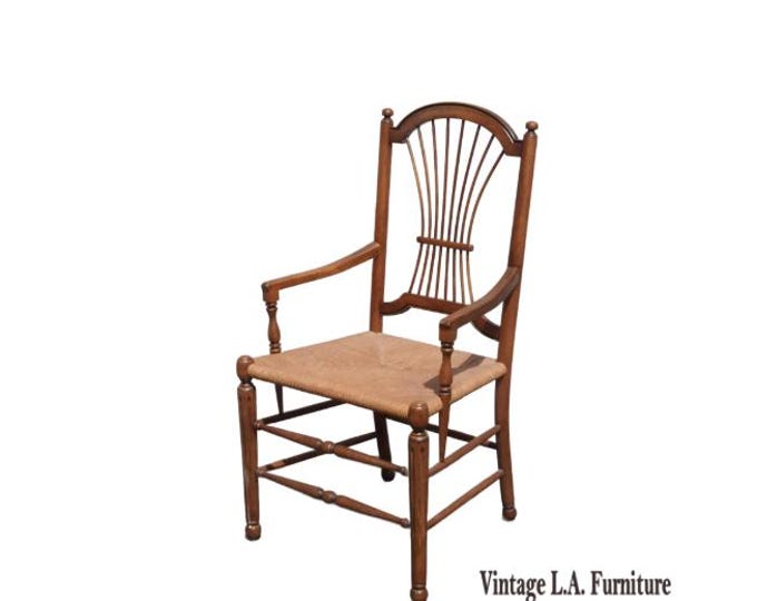 Unique Vintage French Country Oak Rush Seat Arm Chair w Unique Arm Rests