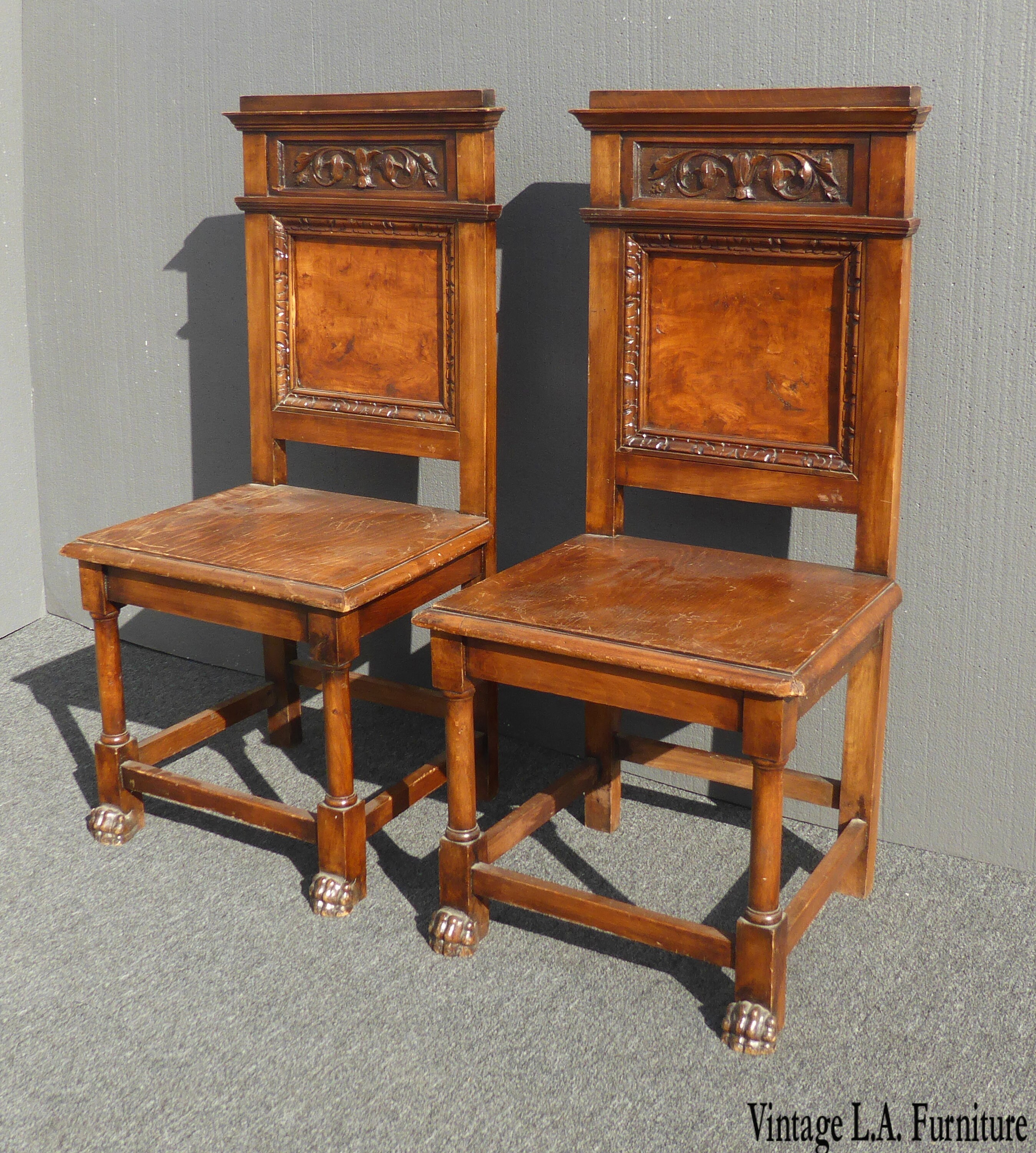 Pair of Antique Ornate Carved Burl Wood Veneer Accent Chairs Claw Feet